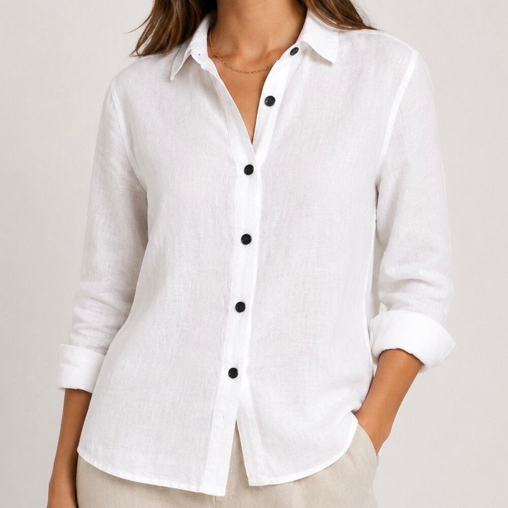 RACHEL ZOE |‎ White 100% Linen Button Front Lightweight Blouse Large